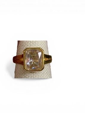 Gold Vermeil Bezel Set Emerald Cut Quartz Solitaire Ring Size 8